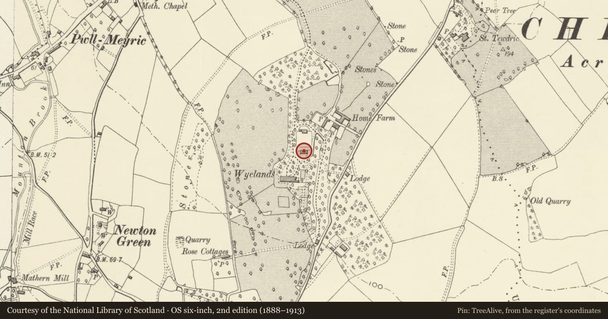 Ordnance Survey six-inch map, 2nd edition (1888–1913) covering the location of Stable Block at Wyelands, Mathern, Monmouthshire, with a pin at the register's coordinates