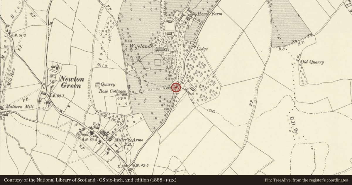 Ordnance Survey six-inch map, 2nd edition (1888–1913) covering the location of Gates and Gatepiers at Mathern Lodge, Wyelands, Monmouthshire, with a pin at the register's coordinates