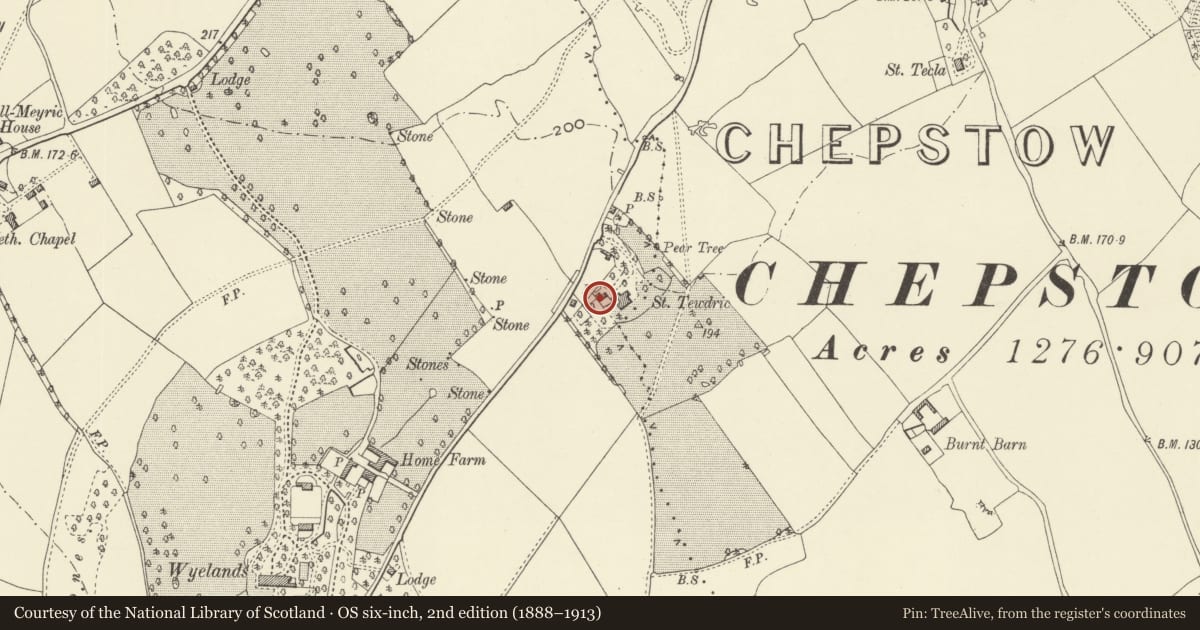 Ordnance Survey six-inch map, 2nd edition (1888–1913) covering the location of Stable Block at St Tewdric, Mathern, Monmouthshire, with a pin at the register's coordinates