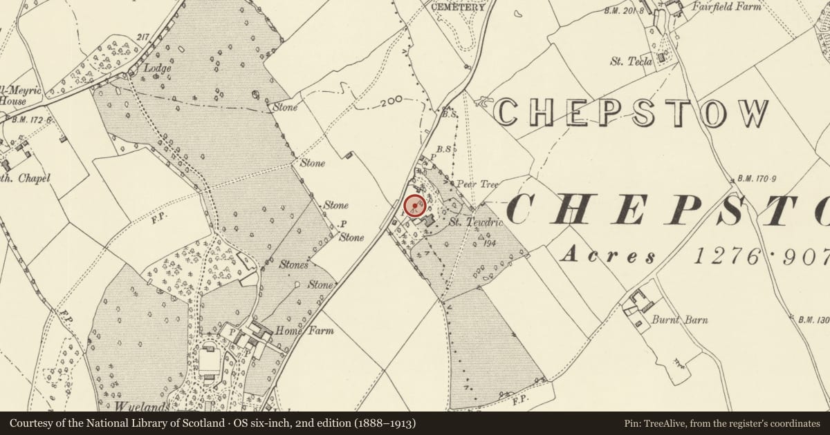 Ordnance Survey six-inch map, 2nd edition (1888–1913) covering the location of Garden Walls at St Tewdric, Mathern, Monmouthshire, with a pin at the register's coordinates