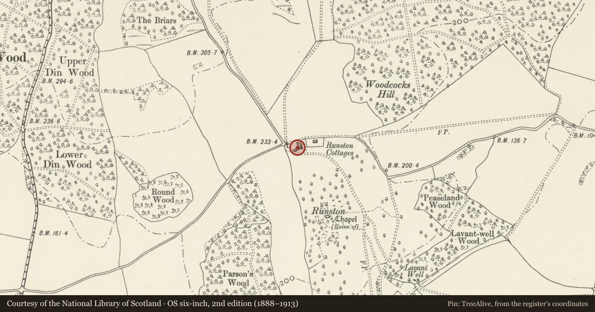 Ordnance Survey six-inch map, 2nd edition (1888–1913) covering the location of Barn at Runston Farm, Caerwent, Monmouthshire, with a pin at the register's coordinates