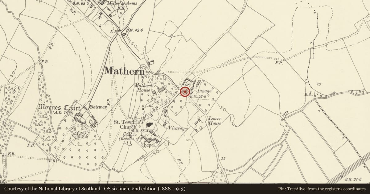 Ordnance Survey six-inch map, 2nd edition (1888–1913) covering the location of Barn and Granary at Innage Farm, Mathern, Monmouthshire, with a pin at the register's coordinates