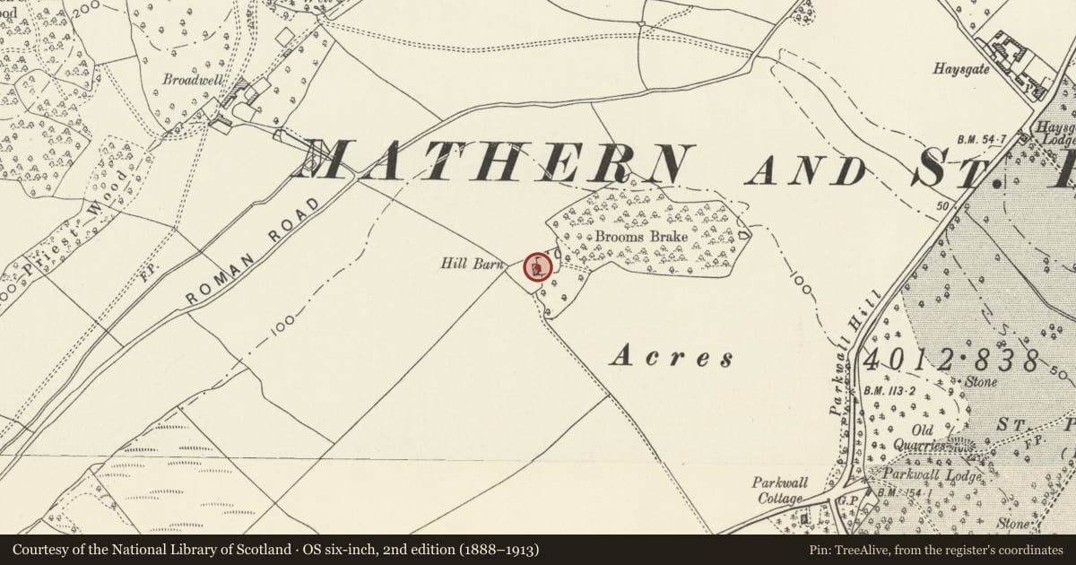 Ordnance Survey six-inch map, 2nd edition (1888–1913) covering the location of Hill Barn at Parkwall Farm, Caerwent, Monmouthshire, with a pin at the register's coordinates
