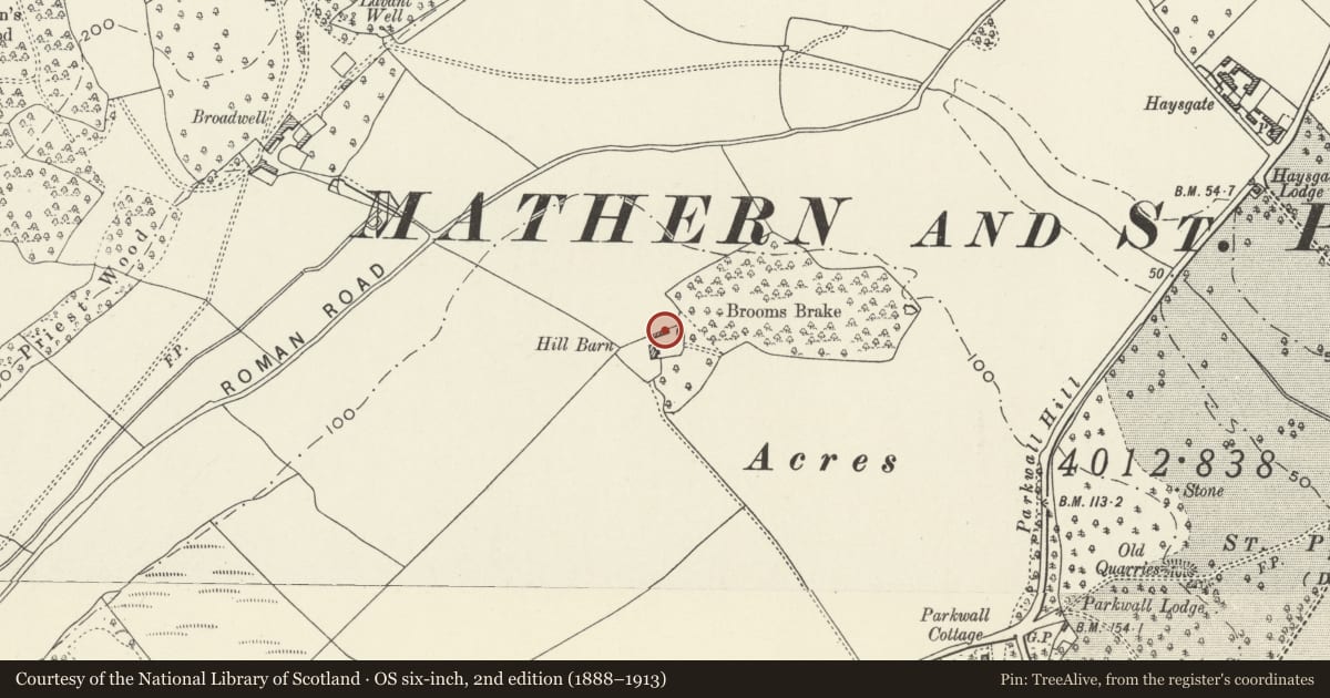 Ordnance Survey six-inch map, 2nd edition (1888–1913) covering the location of Cowshed at Hill Barn, Parkwall Farm, Caerwent, Monmouthshire, with a pin at the register's coordinates