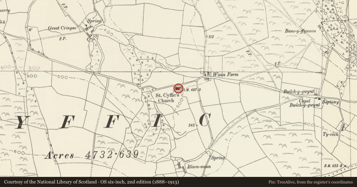 Ordnance Survey six-inch map, 2nd edition (1888–1913) covering the location of Cyffig Church, Eglwyscummin, Carmarthenshire, with a pin at the register's coordinates