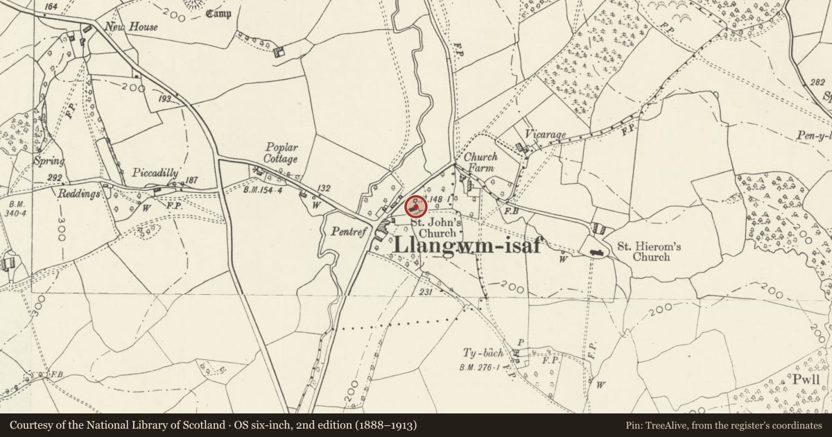 Ordnance Survey six-inch map, 2nd edition (1888–1913) covering the location of Church of St John, Llangwm Isaf, Llantrisant Fawr, Monmouthshire, with a pin at the register's coordinates