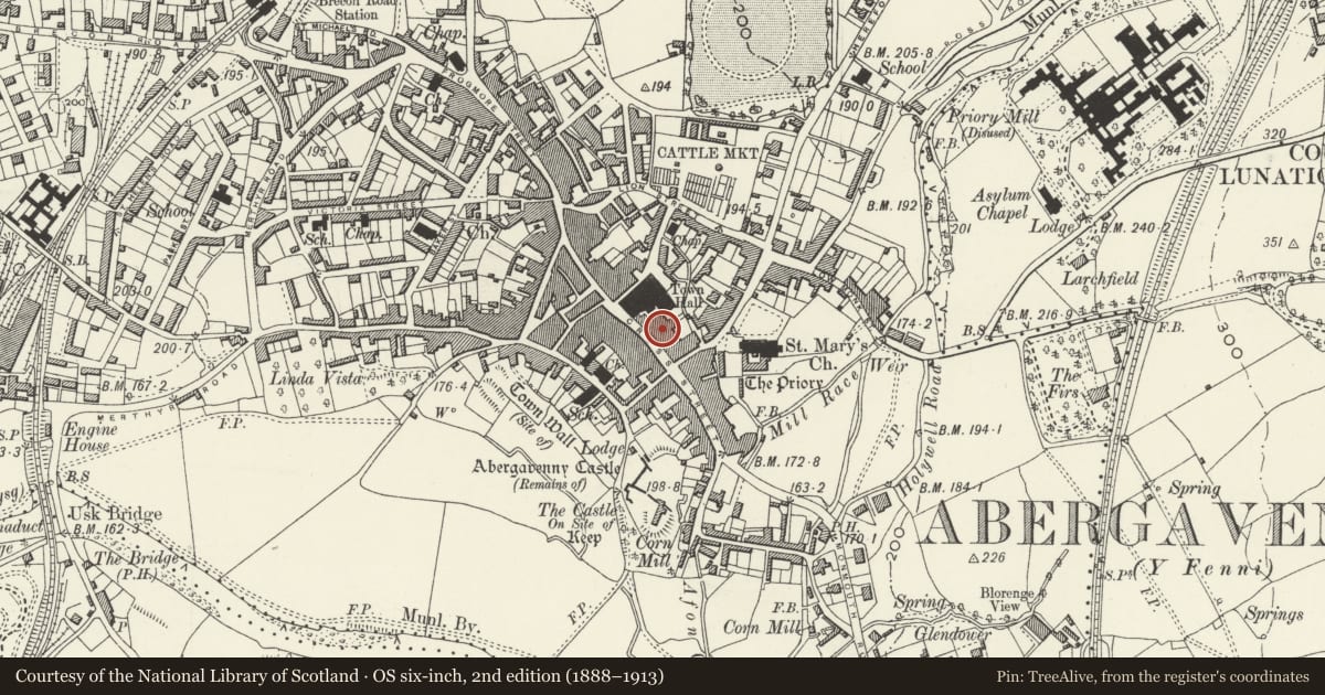 Ordnance Survey six-inch map, 2nd edition (1888–1913) covering the location of 57 Cross Street, Abergavenny, Monmouthshire, with a pin at the register's coordinates
