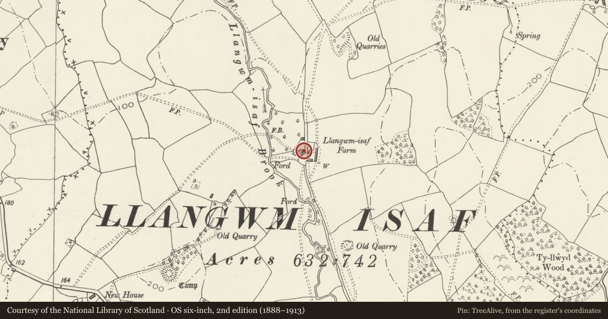 Ordnance Survey six-inch map, 2nd edition (1888–1913) covering the location of Llangwm Isaf, Llantrisant Fawr, Monmouthshire, with a pin at the register's coordinates
