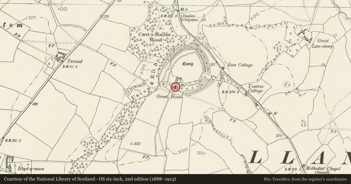 Ordnance Survey six-inch map, 2nd edition (1888–1913) covering the location of Great House, Llantrisant Fawr, Monmouthshire, with a pin at the register's coordinates