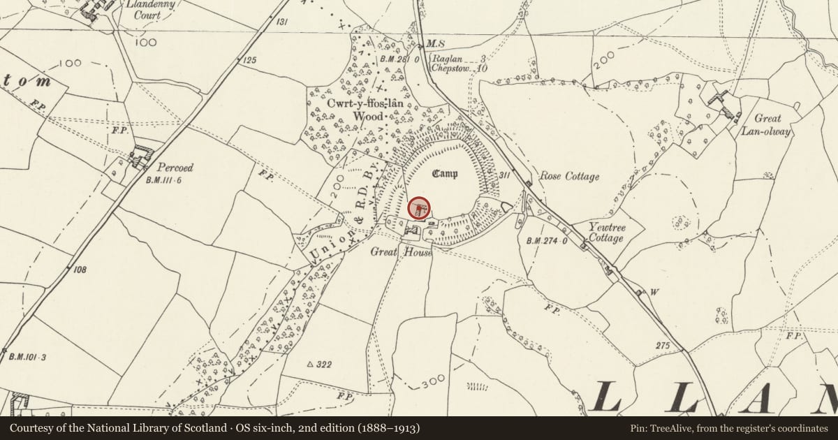 Ordnance Survey six-inch map, 2nd edition (1888–1913) covering the location of Barn and outbuildings at Great House, Llantrisant Fawr, Monmouthshire, with a pin at the register's coordinates