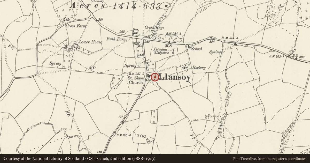 Ordnance Survey six-inch map, 2nd edition (1888–1913) covering the location of Morgan memorial in churchyard of St Tysoi, Llantrisant Fawr, Monmouthshire, with a pin at the register's coordinates
