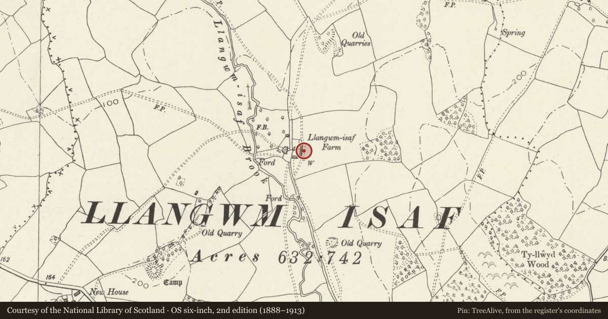 Ordnance Survey six-inch map, 2nd edition (1888–1913) covering the location of Barn at Llangwm Isaf, Llantrisant Fawr, Monmouthshire, with a pin at the register's coordinates