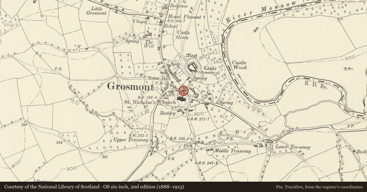 Ordnance Survey six-inch map, 2nd edition (1888–1913) covering the location of Gatepiers to St Nicholas's Churchyard, Grosmont, Monmouthshire, with a pin at the register's coordinates
