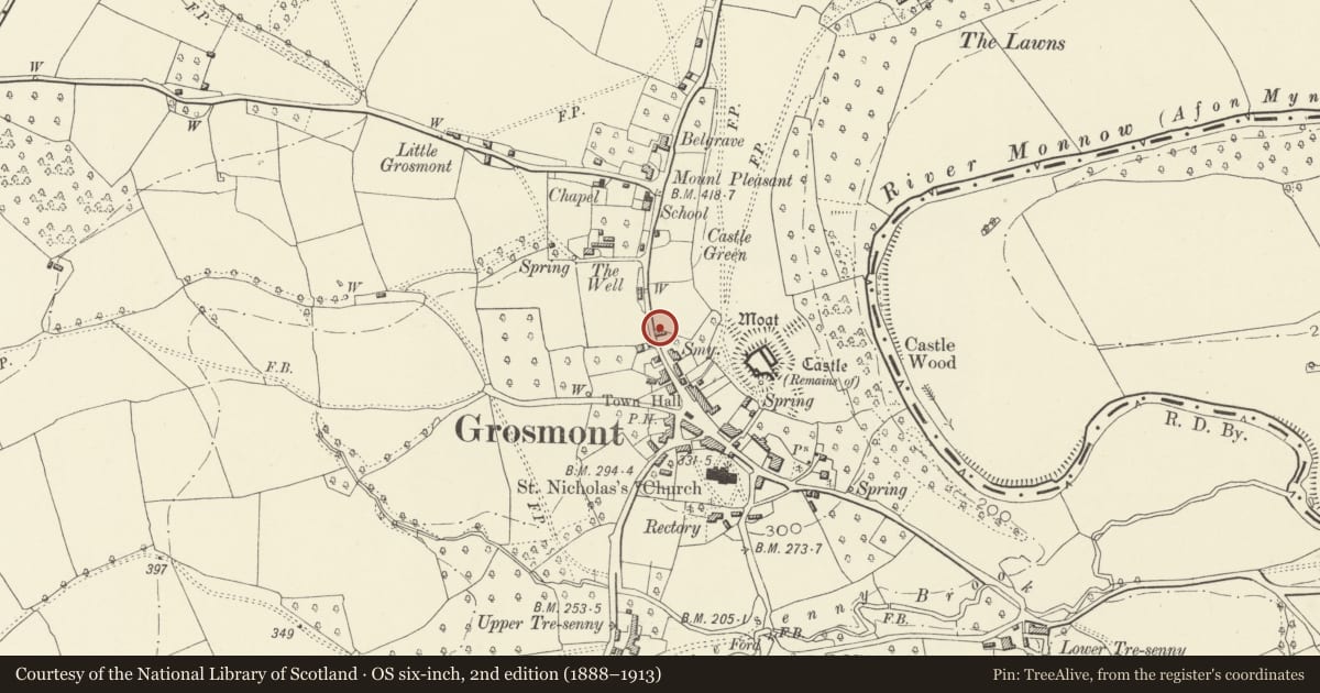 Ordnance Survey six-inch map, 2nd edition (1888–1913) covering the location of Woodbine Cottage and attached Granary, Grosmont, Monmouthshire, with a pin at the register's coordinates