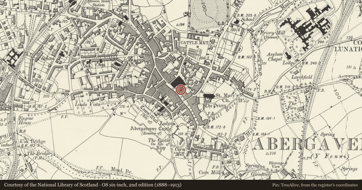 Ordnance Survey six-inch map, 2nd edition (1888–1913) covering the location of 58 Cross Street, Abergavenny, Monmouthshire, with a pin at the register's coordinates