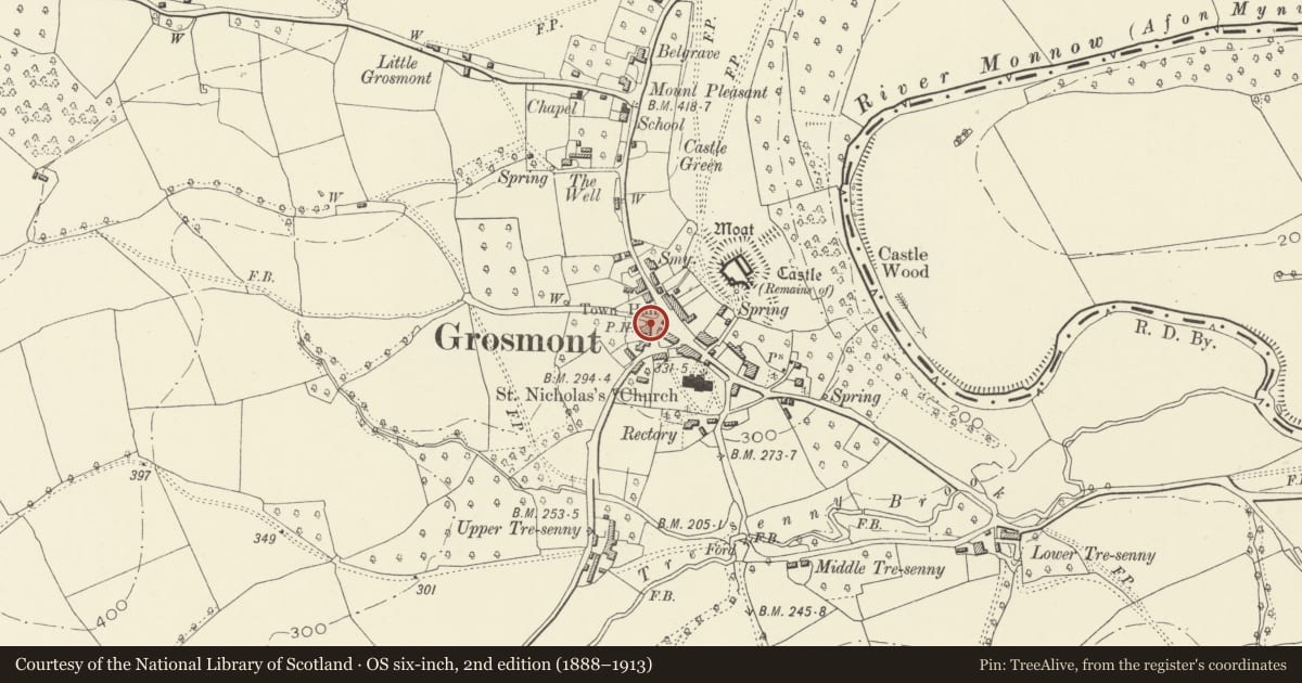 Ordnance Survey six-inch map, 2nd edition (1888–1913) covering the location of York House, Grosmont, Monmouthshire, with a pin at the register's coordinates