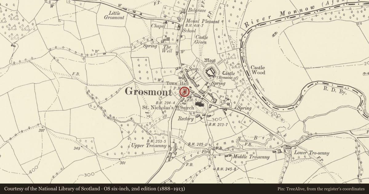 Ordnance Survey six-inch map, 2nd edition (1888–1913) covering the location of Stable at Town Farm, Grosmont, Monmouthshire, with a pin at the register's coordinates
