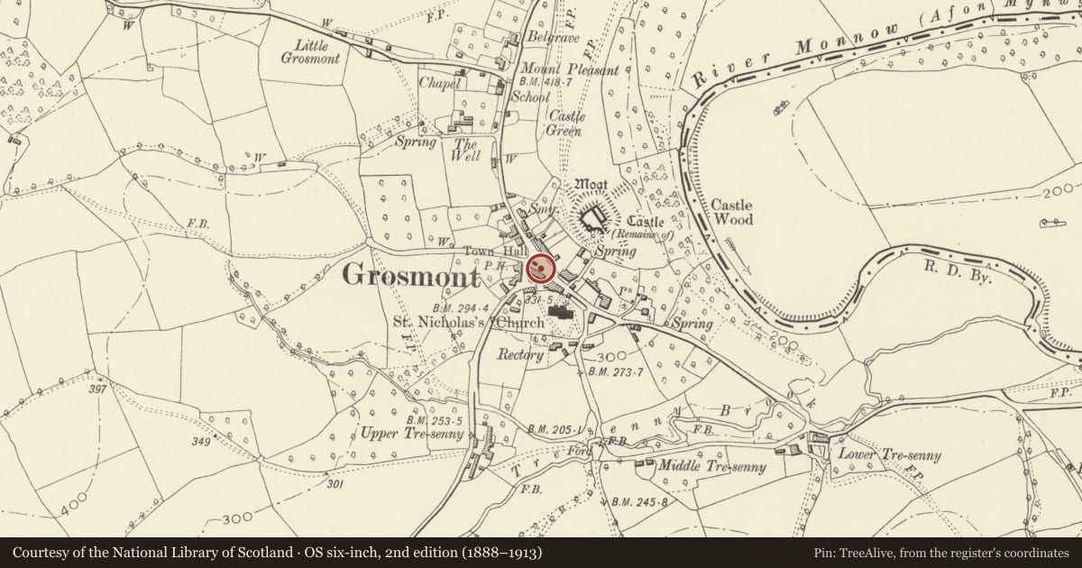 Ordnance Survey six-inch map, 2nd edition (1888–1913) covering the location of Angel Cottage, Grosmont, Monmouthshire, with a pin at the register's coordinates