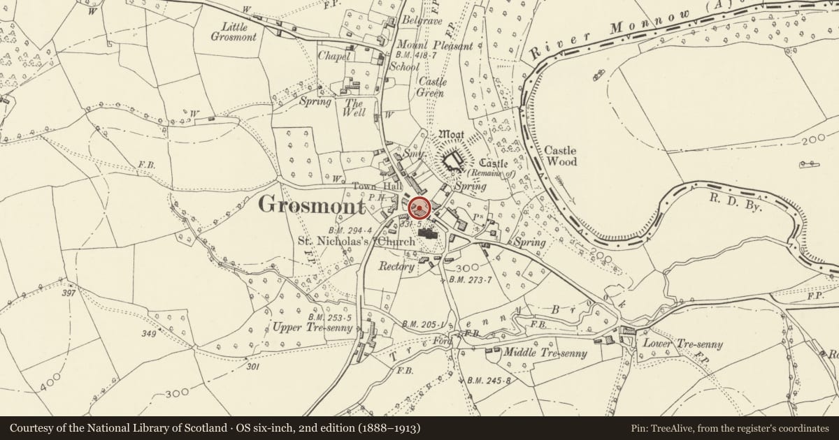 Ordnance Survey six-inch map, 2nd edition (1888–1913) covering the location of The Old Greyhound, Grosmont, Monmouthshire, with a pin at the register's coordinates