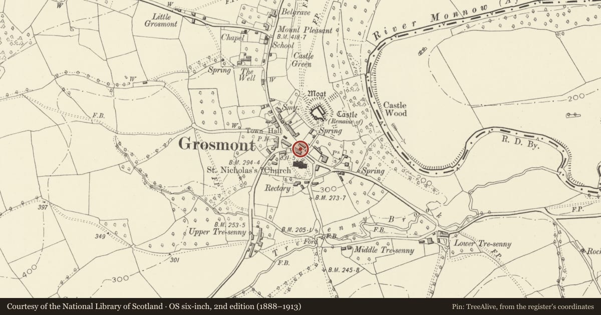 Ordnance Survey six-inch map, 2nd edition (1888–1913) covering the location of Post Office, Grosmont, Monmouthshire, with a pin at the register's coordinates