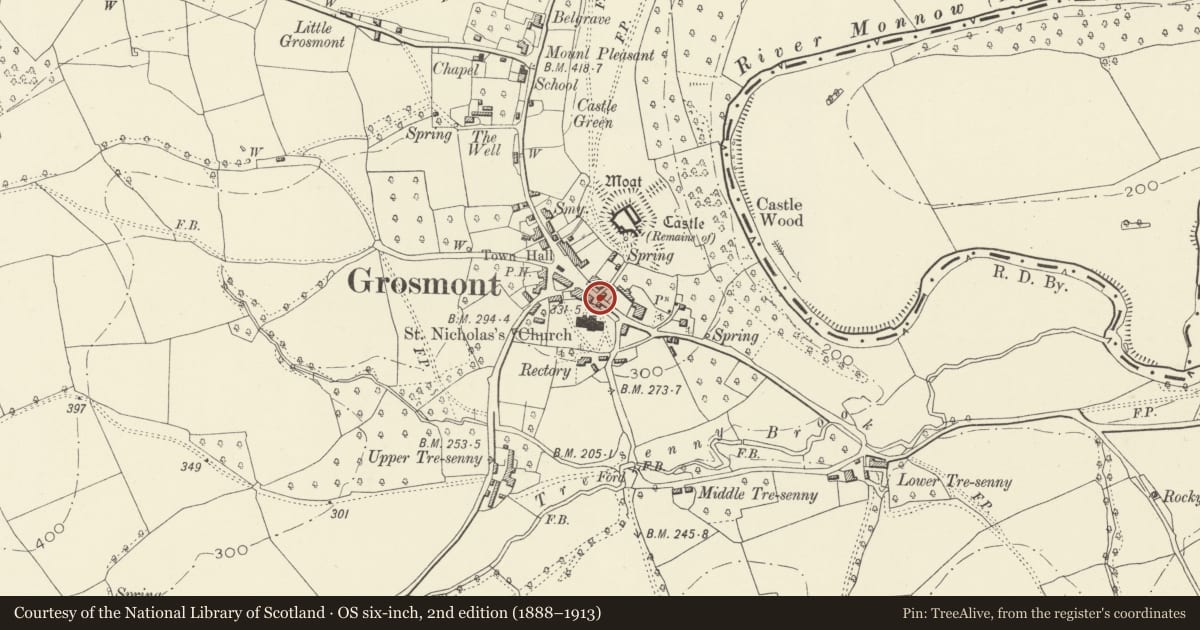Ordnance Survey six-inch map, 2nd edition (1888–1913) covering the location of Coach House at The Post Office, Grosmont, Monmouthshire, with a pin at the register's coordinates