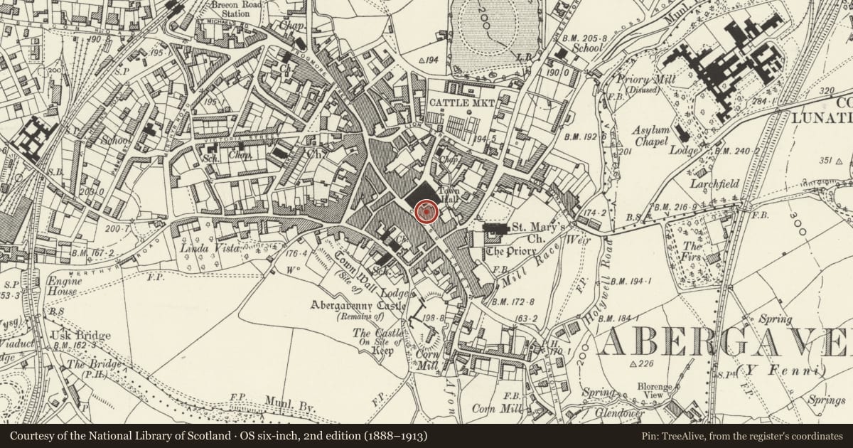 Ordnance Survey six-inch map, 2nd edition (1888–1913) covering the location of Bank House, Abergavenny, Monmouthshire, with a pin at the register's coordinates
