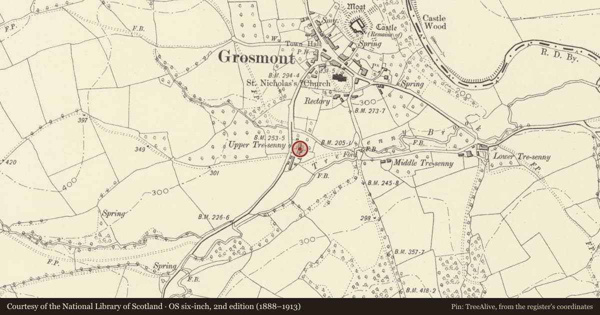 Ordnance Survey six-inch map, 2nd edition (1888–1913) covering the location of Barn at Great Tresenny, Grosmont, Monmouthshire, with a pin at the register's coordinates