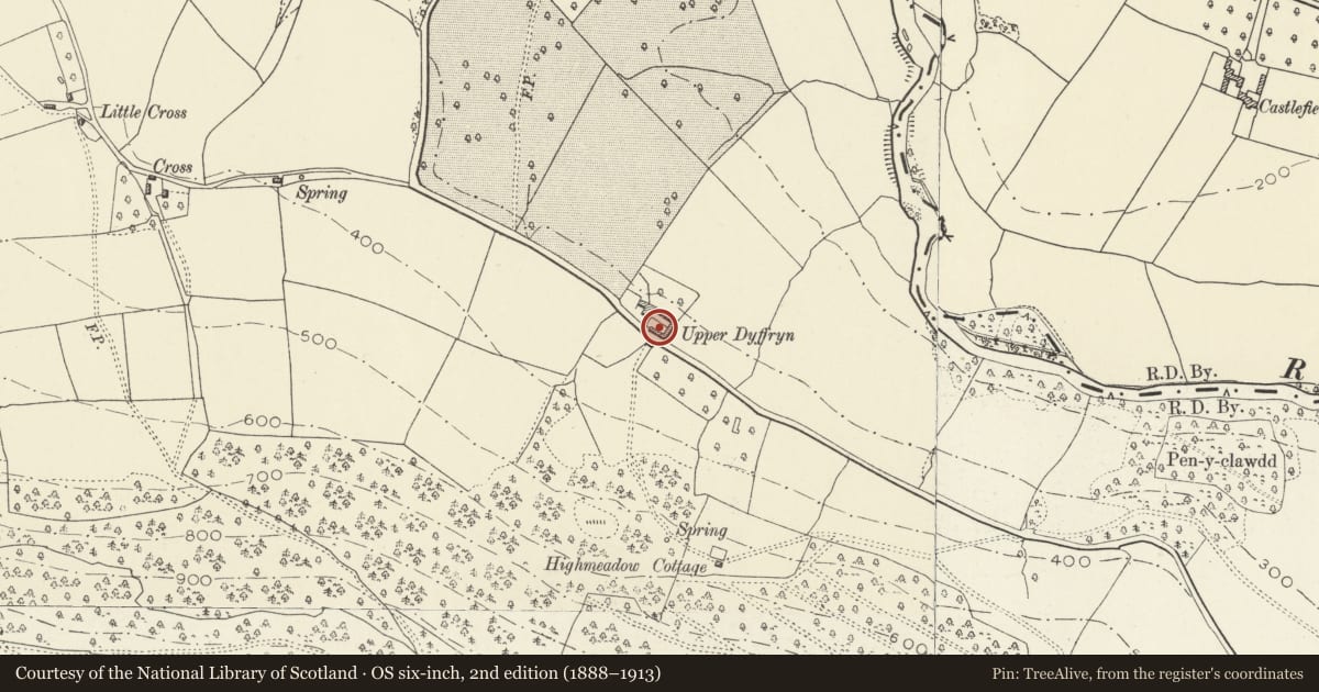 Ordnance Survey six-inch map, 2nd edition (1888–1913) covering the location of Barn at Upper Dyffryn, Grosmont, Monmouthshire, with a pin at the register's coordinates