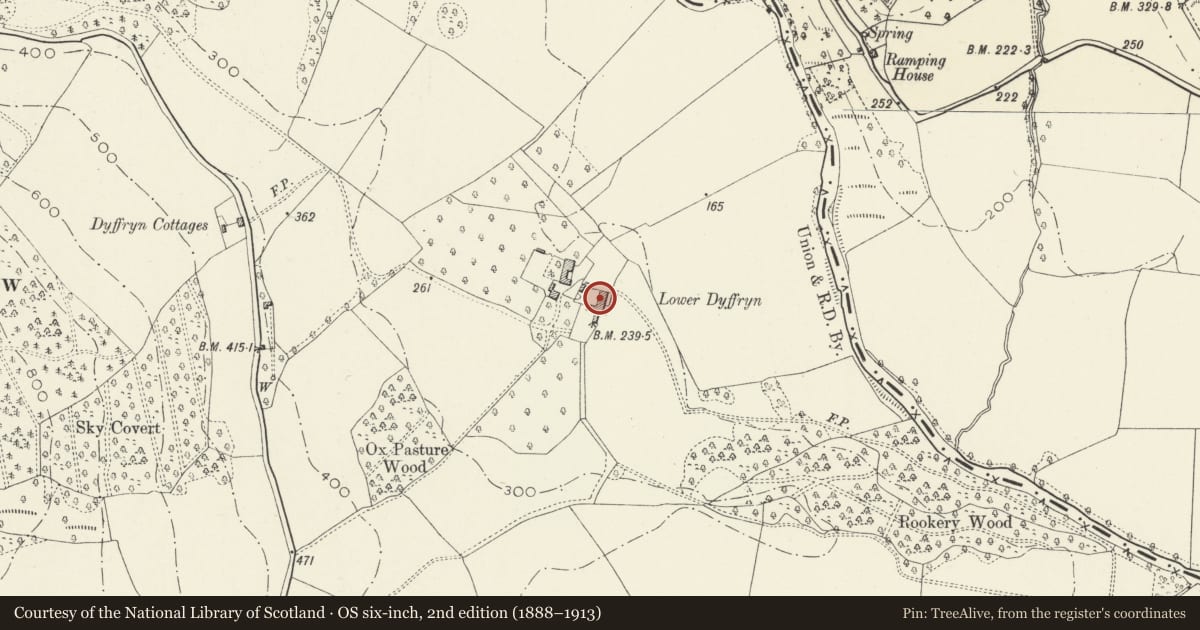 Ordnance Survey six-inch map, 2nd edition (1888–1913) covering the location of Hay Barn, attached Corn Barns, and Pigsty at Lower Dyffryn, Grosmont, Monmouthshire, with a pin at the register's coordinates