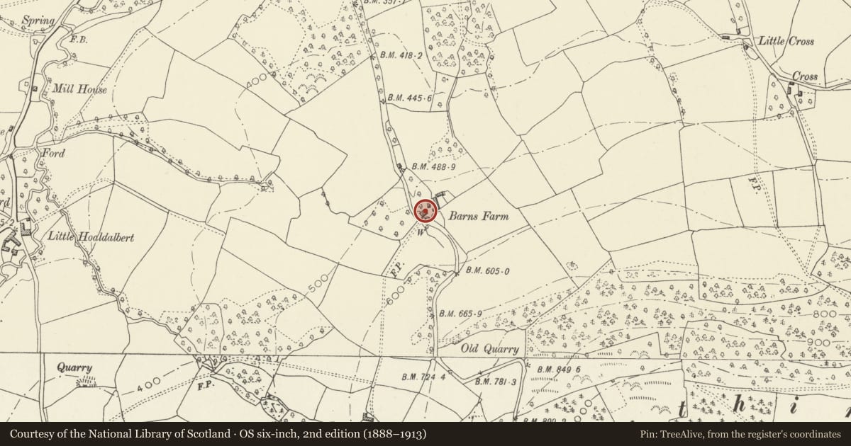 Ordnance Survey six-inch map, 2nd edition (1888–1913) covering the location of Barns Farmhouse, Grosmont, Monmouthshire, with a pin at the register's coordinates