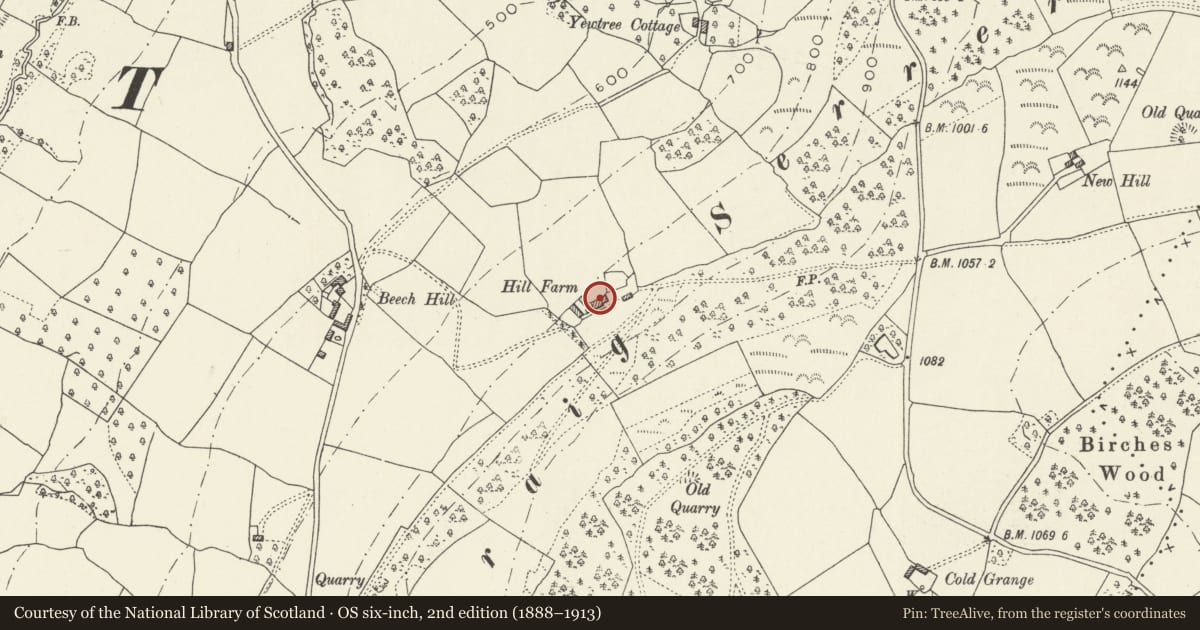 Ordnance Survey six-inch map, 2nd edition (1888–1913) covering the location of The Hill Farmhouse (aka Graig Farm/The Graig), Grosmont, Monmouthshire, with a pin at the register's coordinates
