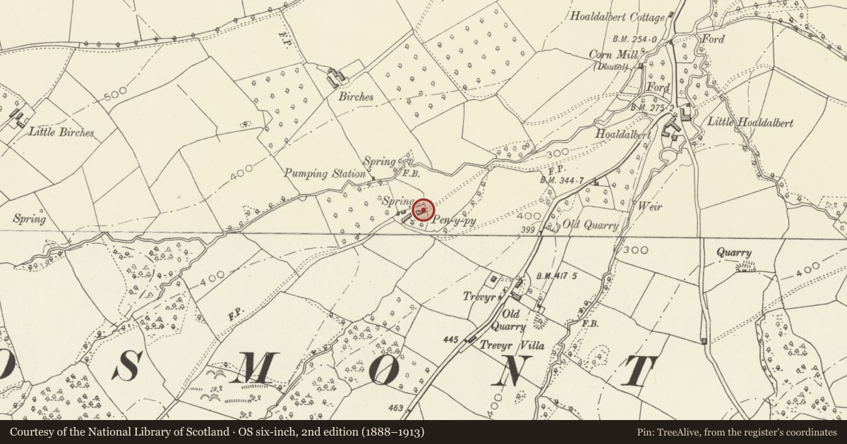 Ordnance Survey six-inch map, 2nd edition (1888–1913) covering the location of Pen Pye Farmhouse (aka Pen-y-pye), Grosmont, Monmouthshire, with a pin at the register's coordinates
