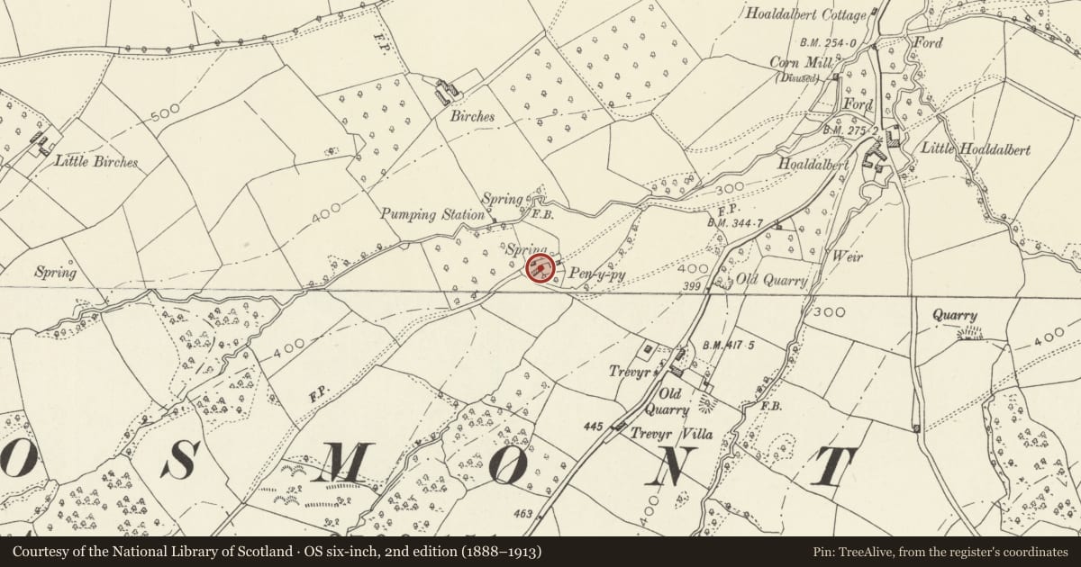 Ordnance Survey six-inch map, 2nd edition (1888–1913) covering the location of Barn at Pen Pye (aka Pen-y-pye), Grosmont, Monmouthshire, with a pin at the register's coordinates