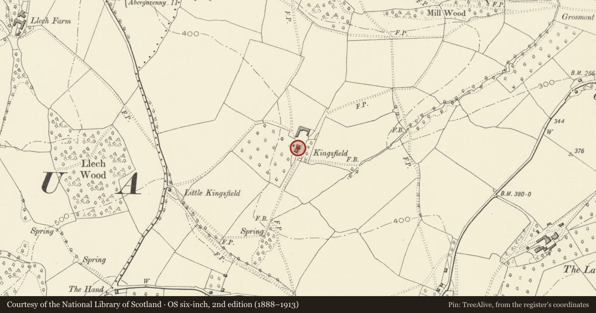 Ordnance Survey six-inch map, 2nd edition (1888–1913) covering the location of Kingsfield Farmhouse, Grosmont, Monmouthshire, with a pin at the register's coordinates