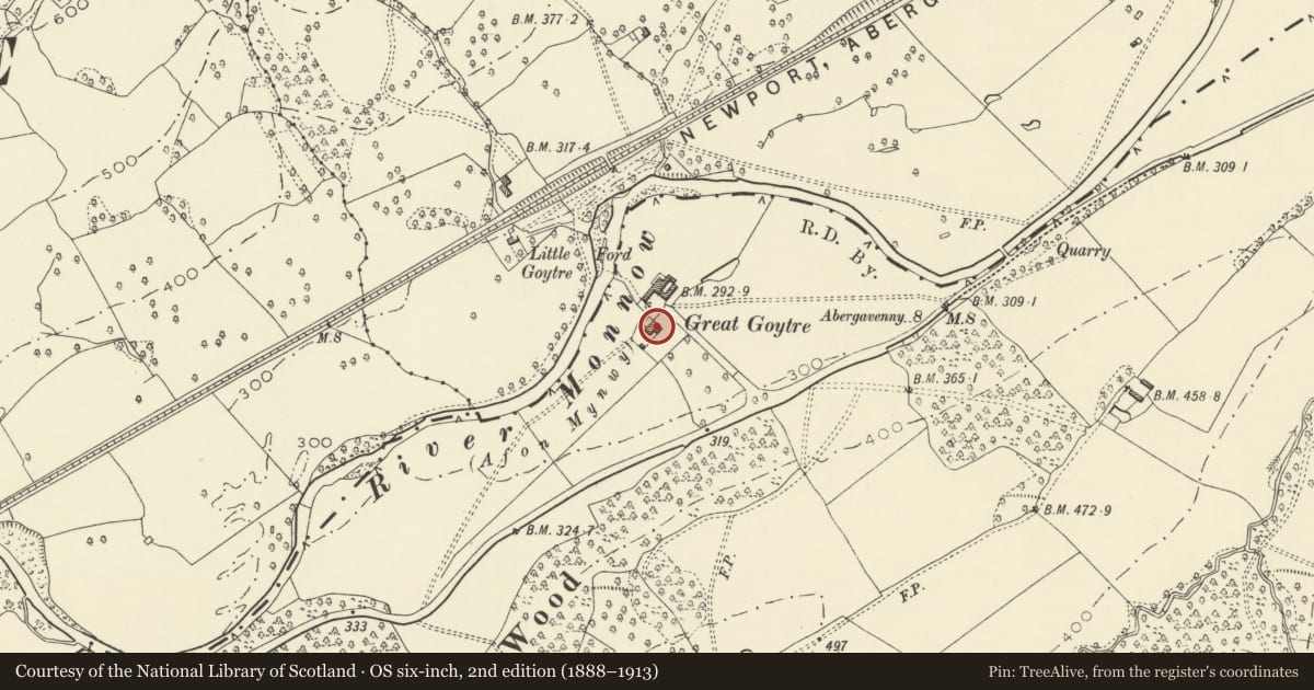Ordnance Survey six-inch map, 2nd edition (1888–1913) covering the location of Great Goytre Farmhouse, Grosmont, Monmouthshire, with a pin at the register's coordinates