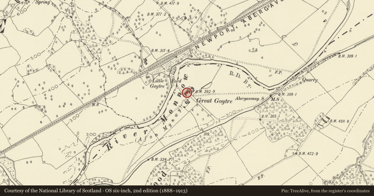 Ordnance Survey six-inch map, 2nd edition (1888–1913) covering the location of Barn and Stable Range at Great Goytre, Grosmont, Monmouthshire, with a pin at the register's coordinates