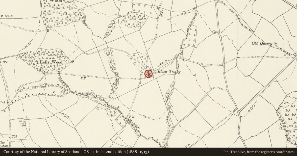 Ordnance Survey six-inch map, 2nd edition (1888–1913) covering the location of Blaentrothy Farmhouse and attached Farm Buildings, Grosmont, Monmouthshire, with a pin at the register's coordinates