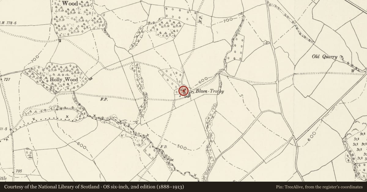 Ordnance Survey six-inch map, 2nd edition (1888–1913) covering the location of Stable at Blaentrothy, Grosmont, Monmouthshire, with a pin at the register's coordinates