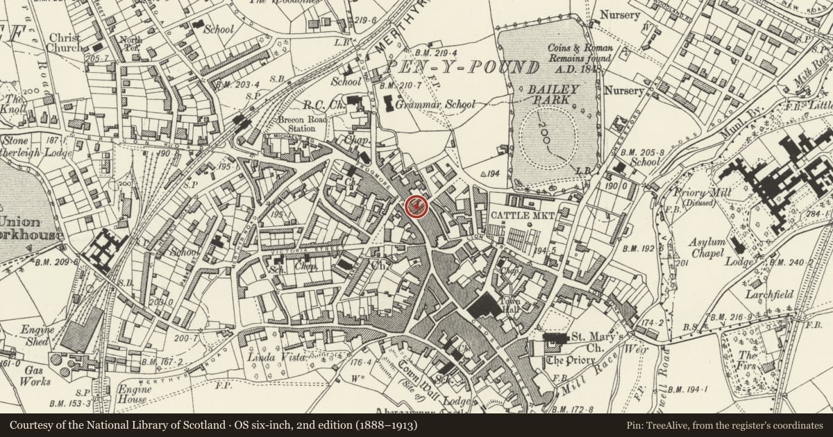 Ordnance Survey six-inch map, 2nd edition (1888–1913) covering the location of 17 Frogmore Street, Abergavenny, Monmouthshire, with a pin at the register's coordinates