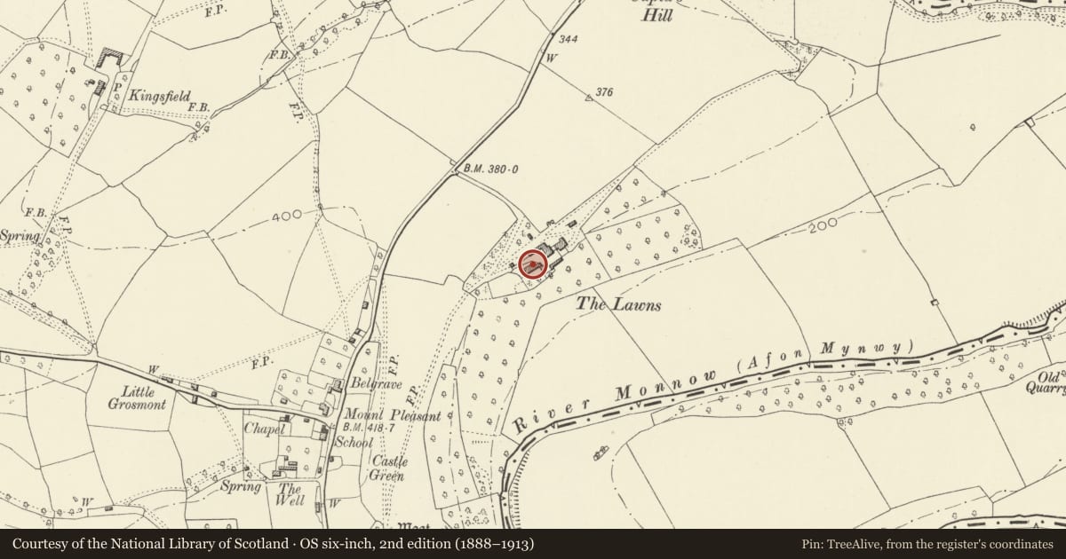 Ordnance Survey six-inch map, 2nd edition (1888–1913) covering the location of The Lawns, Grosmont, Monmouthshire, with a pin at the register's coordinates
