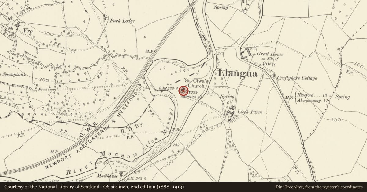 Ordnance Survey six-inch map, 2nd edition (1888–1913) covering the location of Cross in St James's Churchyard, Grosmont, Monmouthshire, with a pin at the register's coordinates
