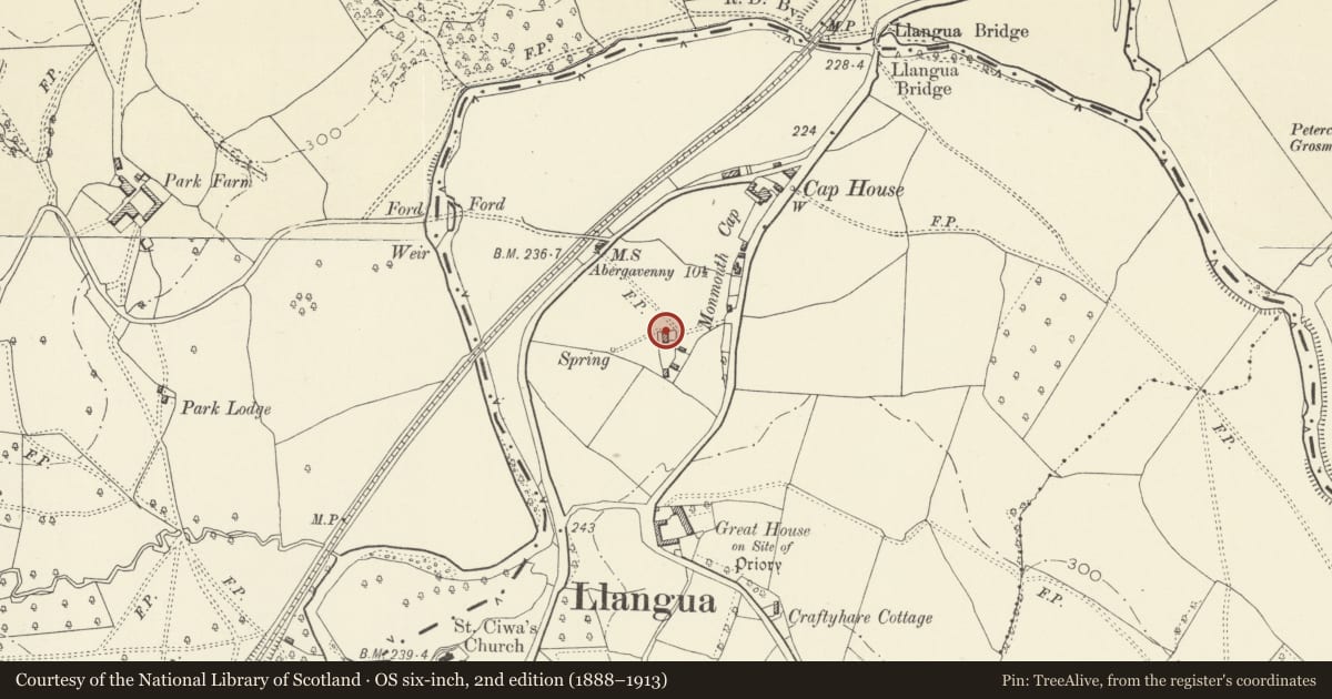 Ordnance Survey six-inch map, 2nd edition (1888–1913) covering the location of Monmouth Cap Farmhouse, Grosmont, Monmouthshire, with a pin at the register's coordinates