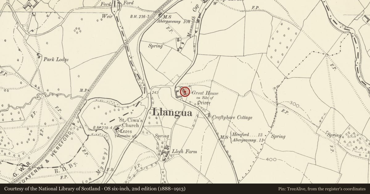 Ordnance Survey six-inch map, 2nd edition (1888–1913) covering the location of The Great House, Grosmont, Monmouthshire, with a pin at the register's coordinates