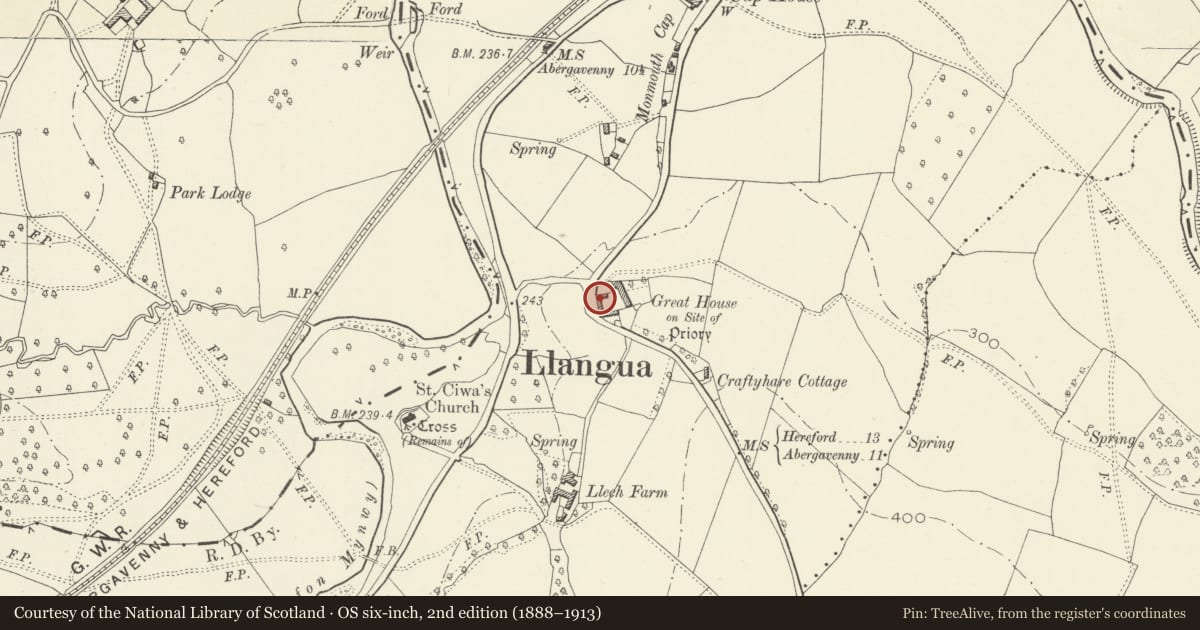 Ordnance Survey six-inch map, 2nd edition (1888–1913) covering the location of Barn at The Great House, Grosmont, Monmouthshire, with a pin at the register's coordinates