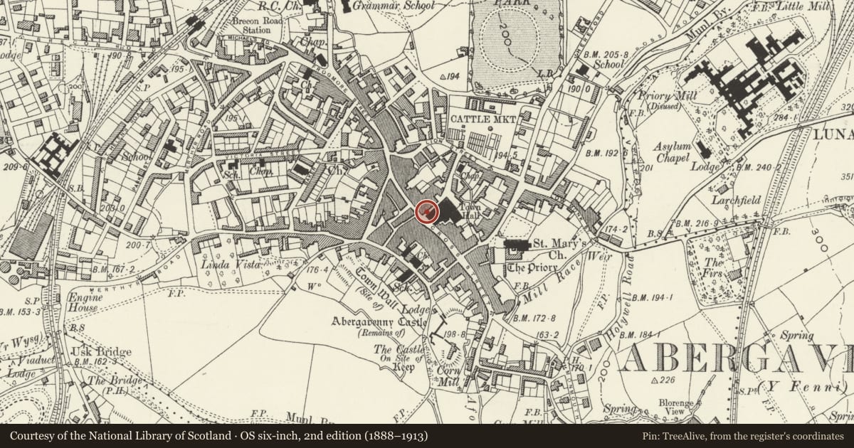 Ordnance Survey six-inch map, 2nd edition (1888–1913) covering the location of The Abergavenny Bookshop, Monmouthshire, with a pin at the register's coordinates