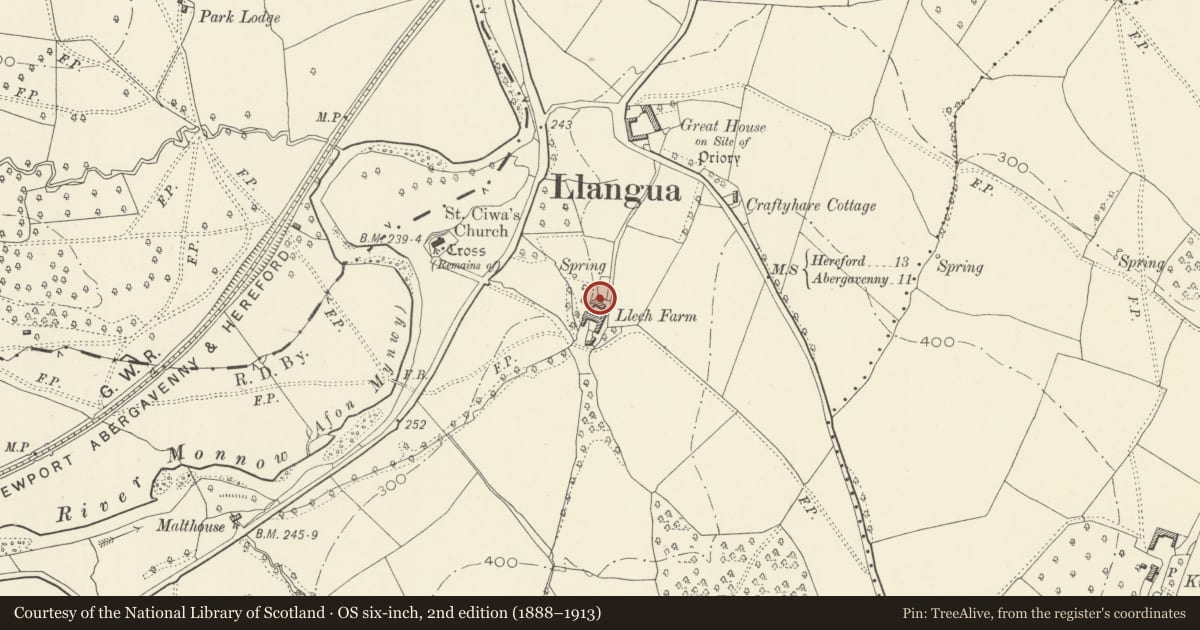 Ordnance Survey six-inch map, 2nd edition (1888–1913) covering the location of Sleath Farmhouse (aka Lech Farmhouse), Grosmont, Monmouthshire, with a pin at the register's coordinates
