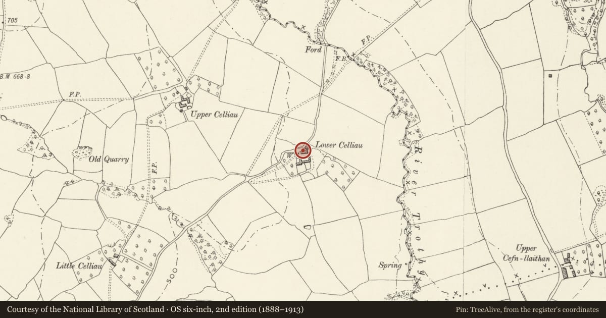 Ordnance Survey six-inch map, 2nd edition (1888–1913) covering the location of Cowhouse and Stable at Lower Celliau, Grosmont, Monmouthshire, with a pin at the register's coordinates