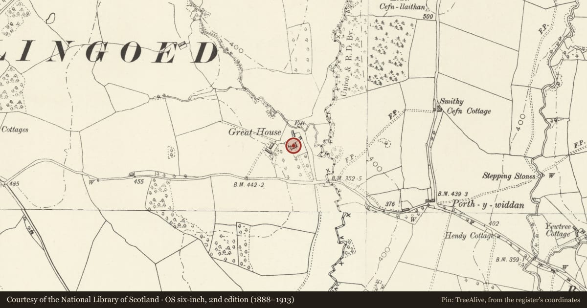 Ordnance Survey six-inch map, 2nd edition (1888–1913) covering the location of The Great House, Grosmont, Monmouthshire, with a pin at the register's coordinates