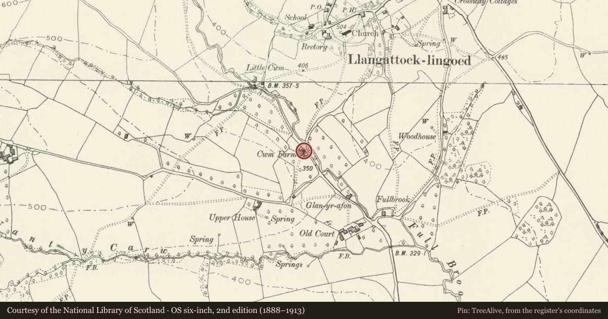 Ordnance Survey six-inch map, 2nd edition (1888–1913) covering the location of Cwm Farmhouse, Grosmont, Monmouthshire, with a pin at the register's coordinates