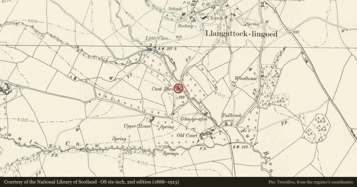 Ordnance Survey six-inch map, 2nd edition (1888–1913) covering the location of Cider House at Cwm Farm, Grosmont, Monmouthshire, with a pin at the register's coordinates